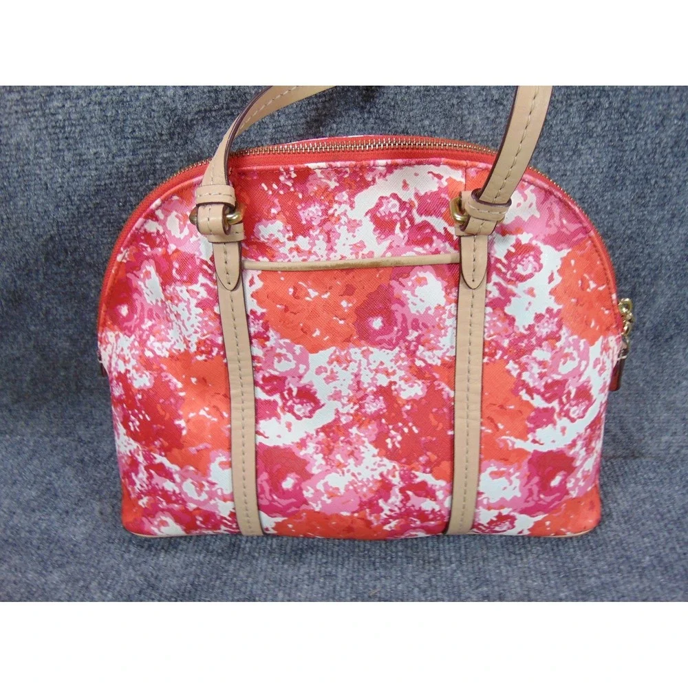 Coach Satchel Pink Orange Floral Coated Canvas Leather Trim F31341‎ FLAW READ